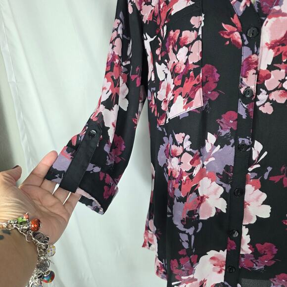 A. Byer Floral Button Front Womens Blouse Medium Black Pink Purple Preppy - Picture 5 of 10